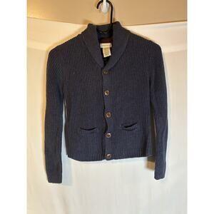 Rorie Whelan 7/8 Blue KnitCardigan Sweater Shawl Collar Fishermen Button Pockets